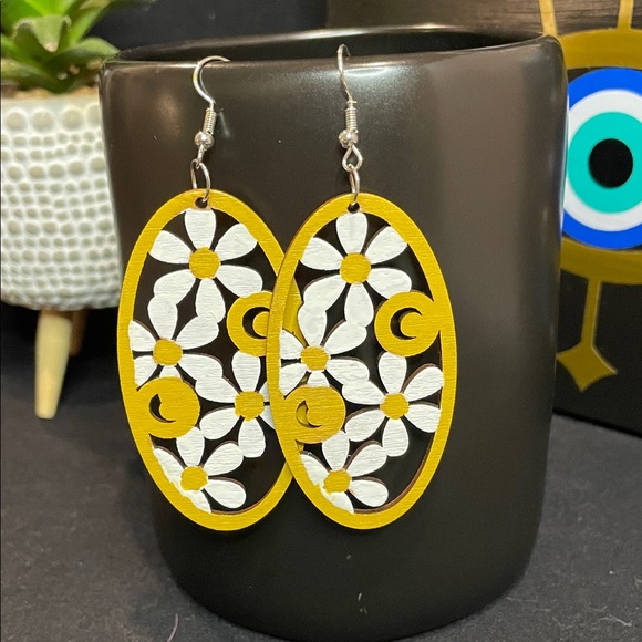 Jewelry - Hand-Painted Wooden Yellow and White Daisy Earrings